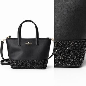 Kate Spade NY Greta Court Black Glitter sparkle Satchel Small Tote crossbody Bag